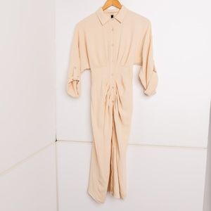 Venti6 Italian Creme Color Midi Dress Size Small Ruched Synched Front Belt Waist